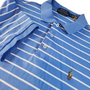 RALPH LAUREN Polo Shirt Mens Medium Blue White Striped Slim Fit Short Sleeve